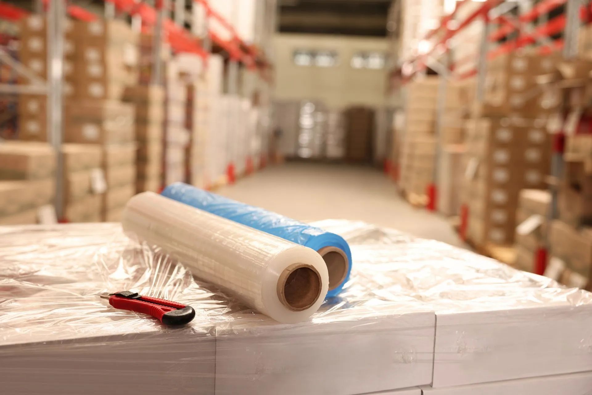 Two rolls of plastic wrap and a pair of scissors are sitting on top of a pallet in a warehouse.