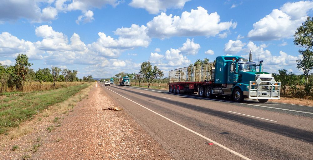 A Blue Semi Truck Is Driving Down A Dirt Road — Geisler Truck & Trailer Wheel Alignments In Nebo, QLD