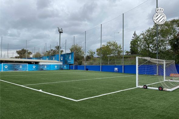 A soccer field with a goal in the middle of it