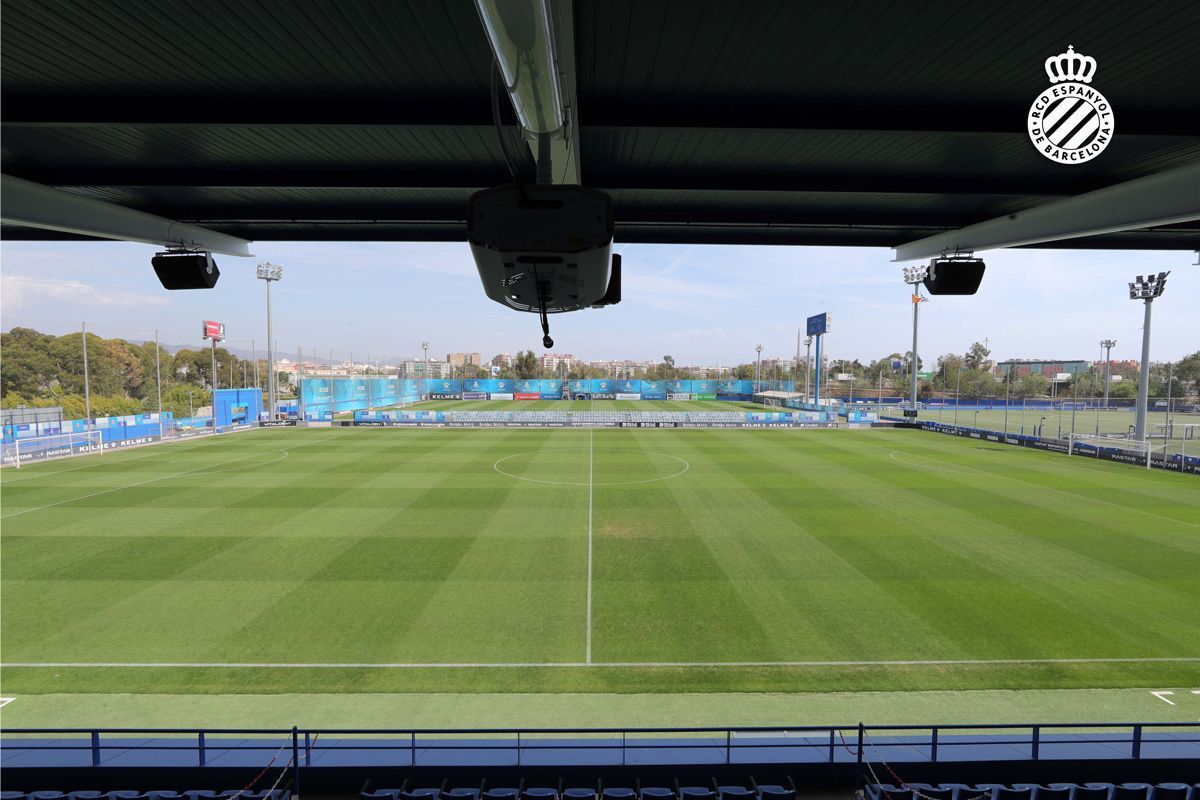 A view of a soccer field from inside a stadium.