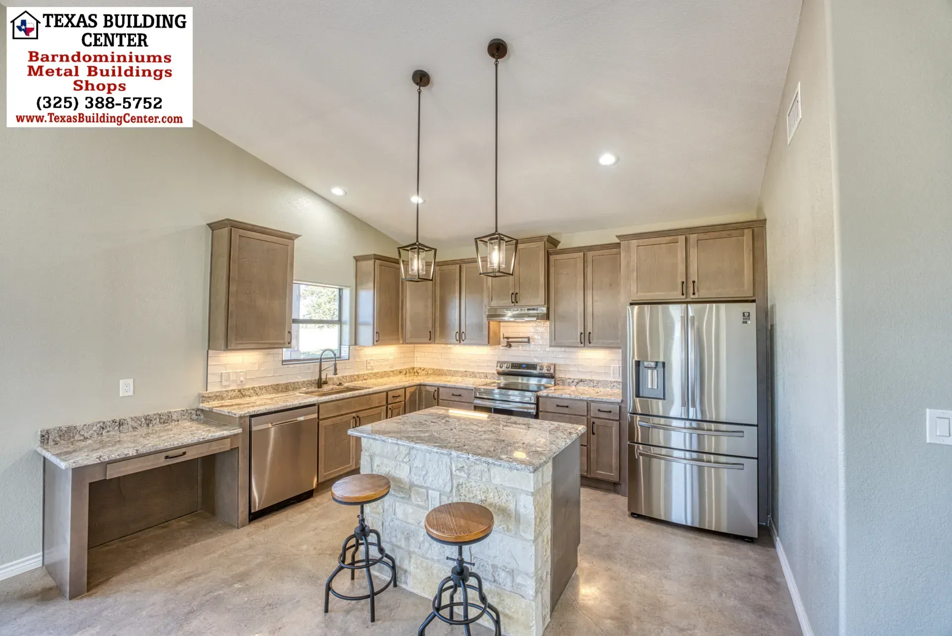 Kitchen with light brown cabinets, stainless steel appliances, and granite countertops.