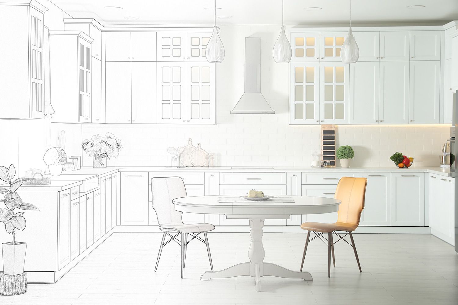 It is a drawing of a kitchen with a table and chairs.