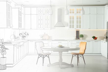 It is a drawing of a kitchen with a table and chairs.