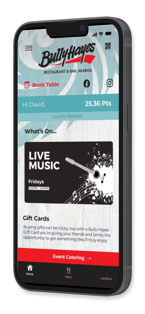 Smartphone showing the Bully Hayes restaurant app, promoting live music and gift cards.