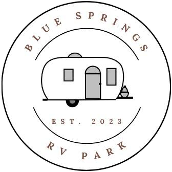 The logo for blue springs rv park shows a trailer in a circle.