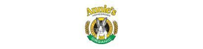 Annie's Organic logo with a bunny in a wheat circle. Green ribbon with the word 
