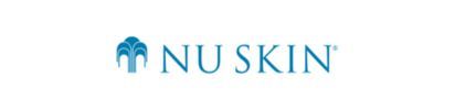 Nu Skin logo: A light blue logo with an abstract design and the text 