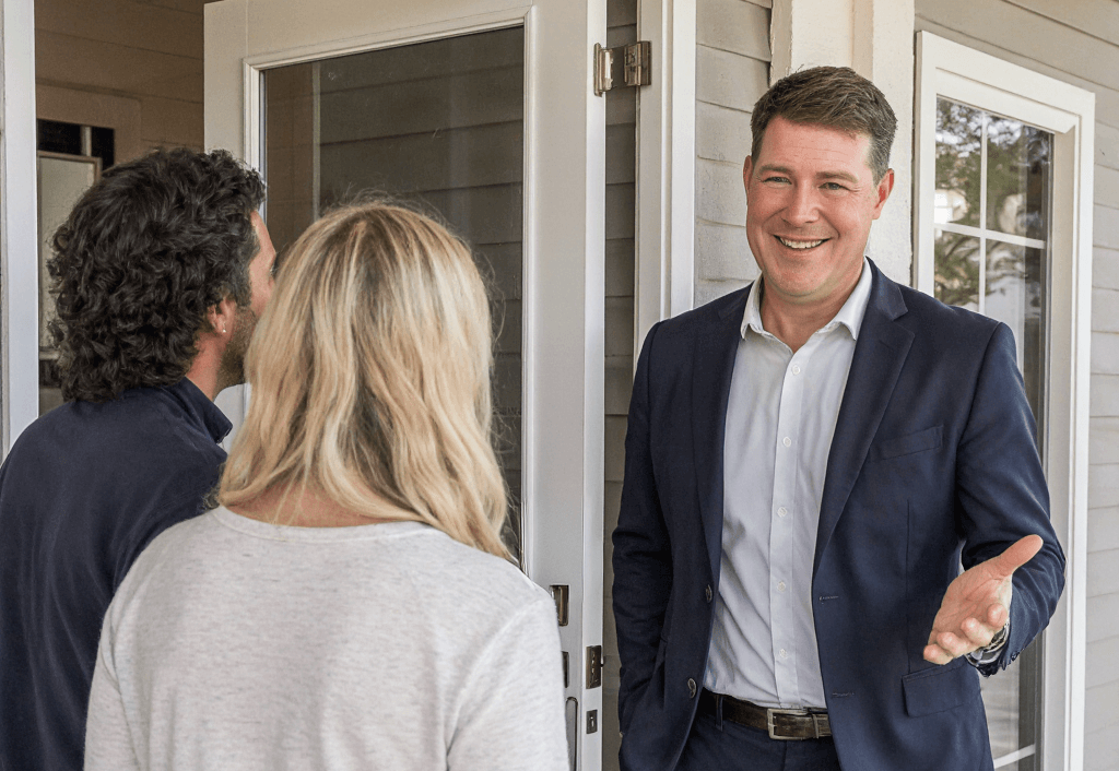 Standing at Door with Couple realtor Michael Rozmus