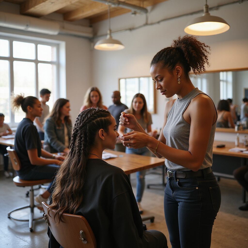 Makeup artist applying makeup on a model in a classroom setting, students watching.