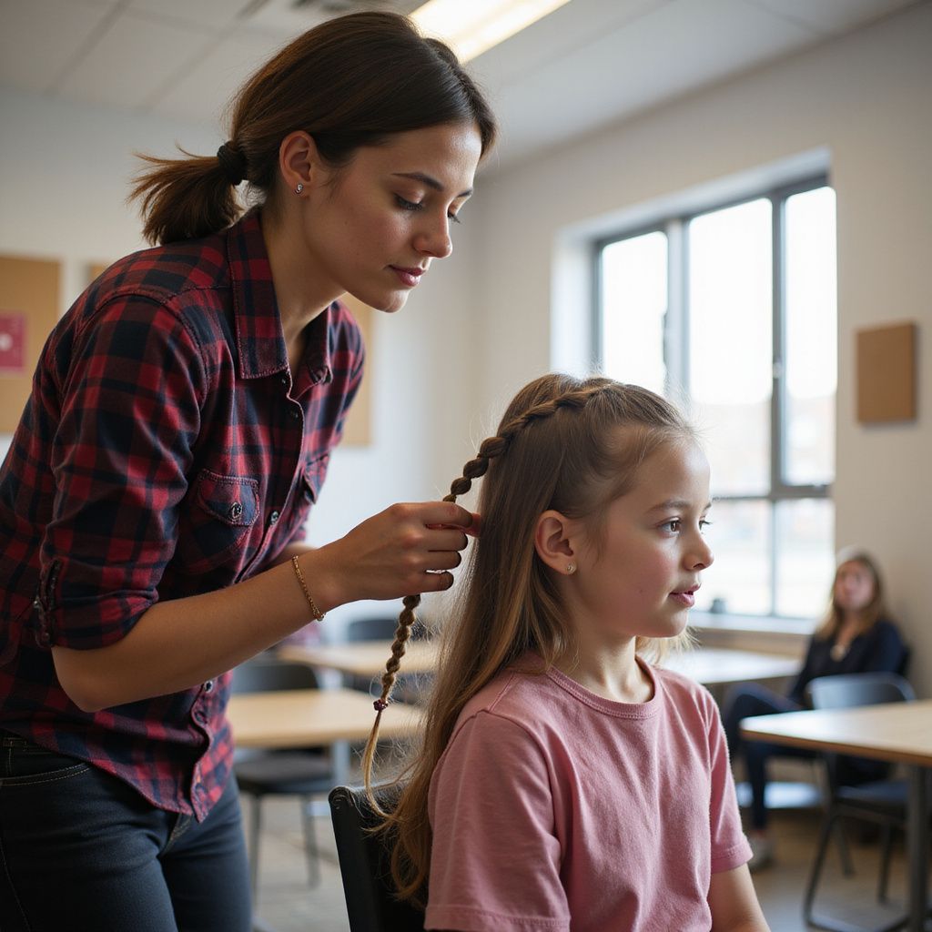 Woman braiding a girl's hair in a classroom. The girl is seated, looking to the side.