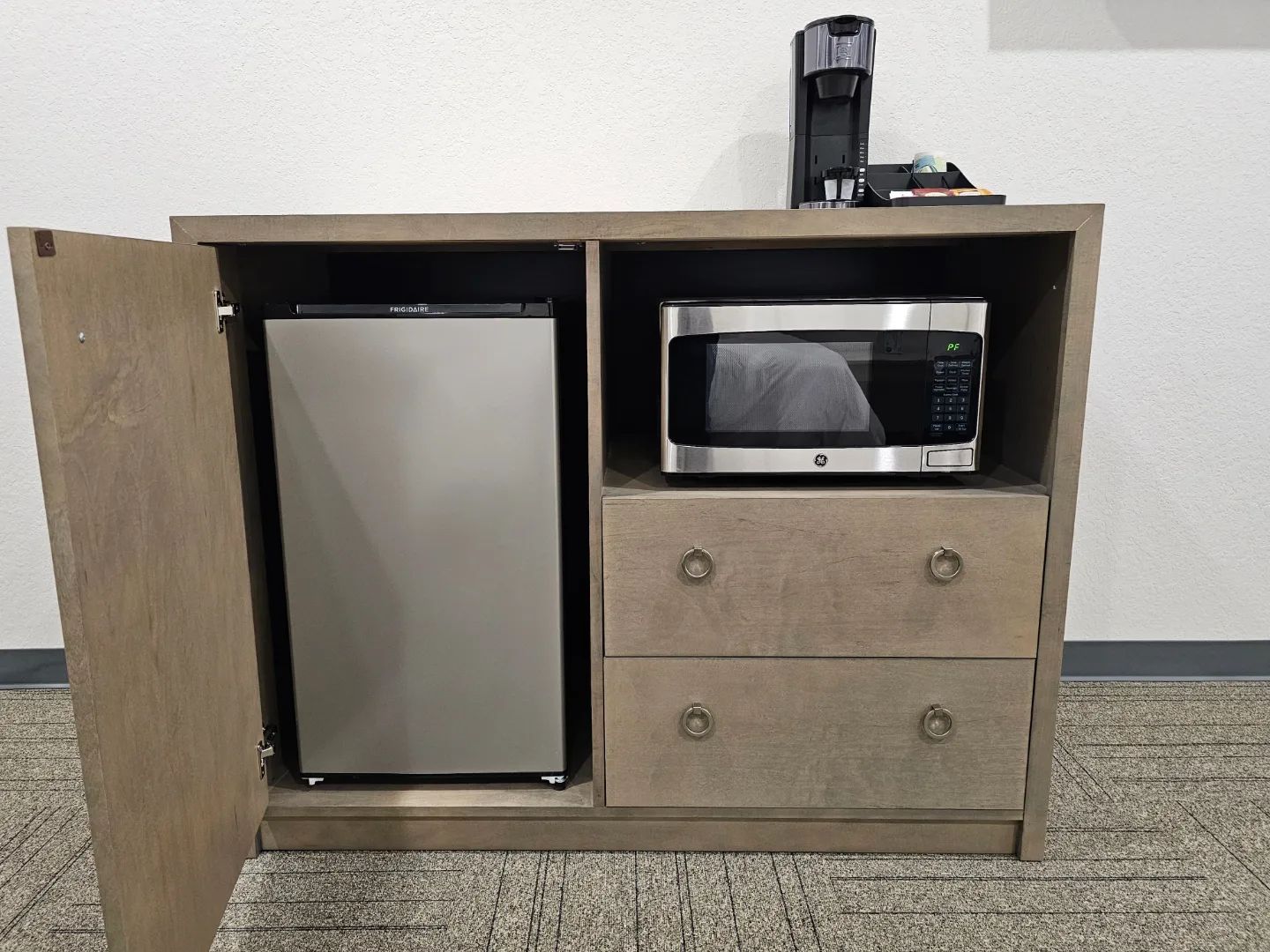 mini fridge coffee maker and microwave