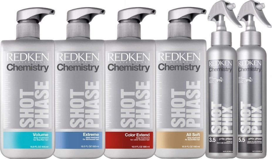 WHAT IS REDKEN CHEMISTRY SYSTEM?   SHOT PHASE • The Shot Phase formulas’ names coincide with retail brands to improve synergy between backbar and retail.  Volume Extreme  Colour Extend AllSoft Shot Phase offers more options for customization to meet different client needs   STEP 2: SHOT PHIX Helps lock in the specialized ingredients in the Shot Phase formulas onto the hair while rebalancing hair’s pH level and sealing the cuticle to leave hair in its most compact, healthy condition. There are two Shot Phix sealers available.     CHEMISTRY SHOT PHIX 5.5 PHIX PHASE SEALER FOR MECHANICALLY DISTRESSED HAIR  BENEFITS  * 		Rebalances pH levels in hair * 		Leaves the hair cuticle strong and seals in active ingredients CHEMISTRY  SHOT PHIX 3.5 PHIX PHASE SEALER FOR CHEMICALLY DISTRESSED HAIR.
