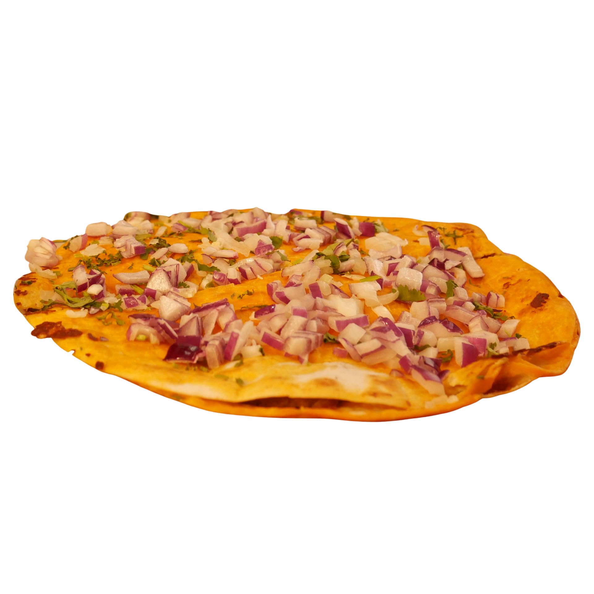 A pizza with onions on top of it on a white background