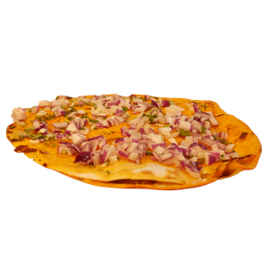 A pizza with onions on top of it on a white background