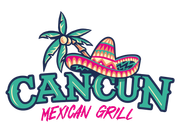 A logo for cancun mexican grill with a sombrero and palm tree.