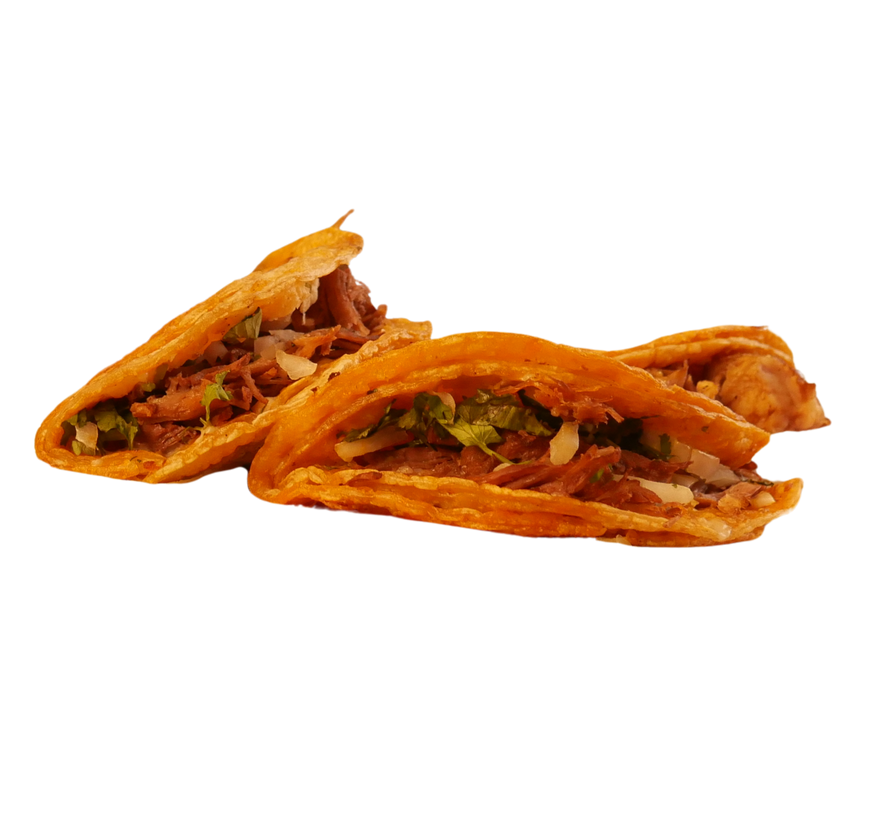 A close up of two tacos on a white background