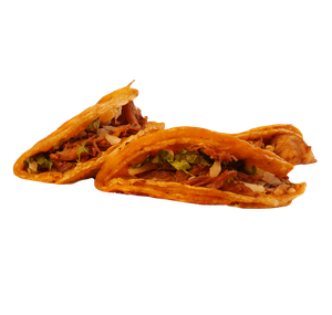 A close up of two tacos on a white background