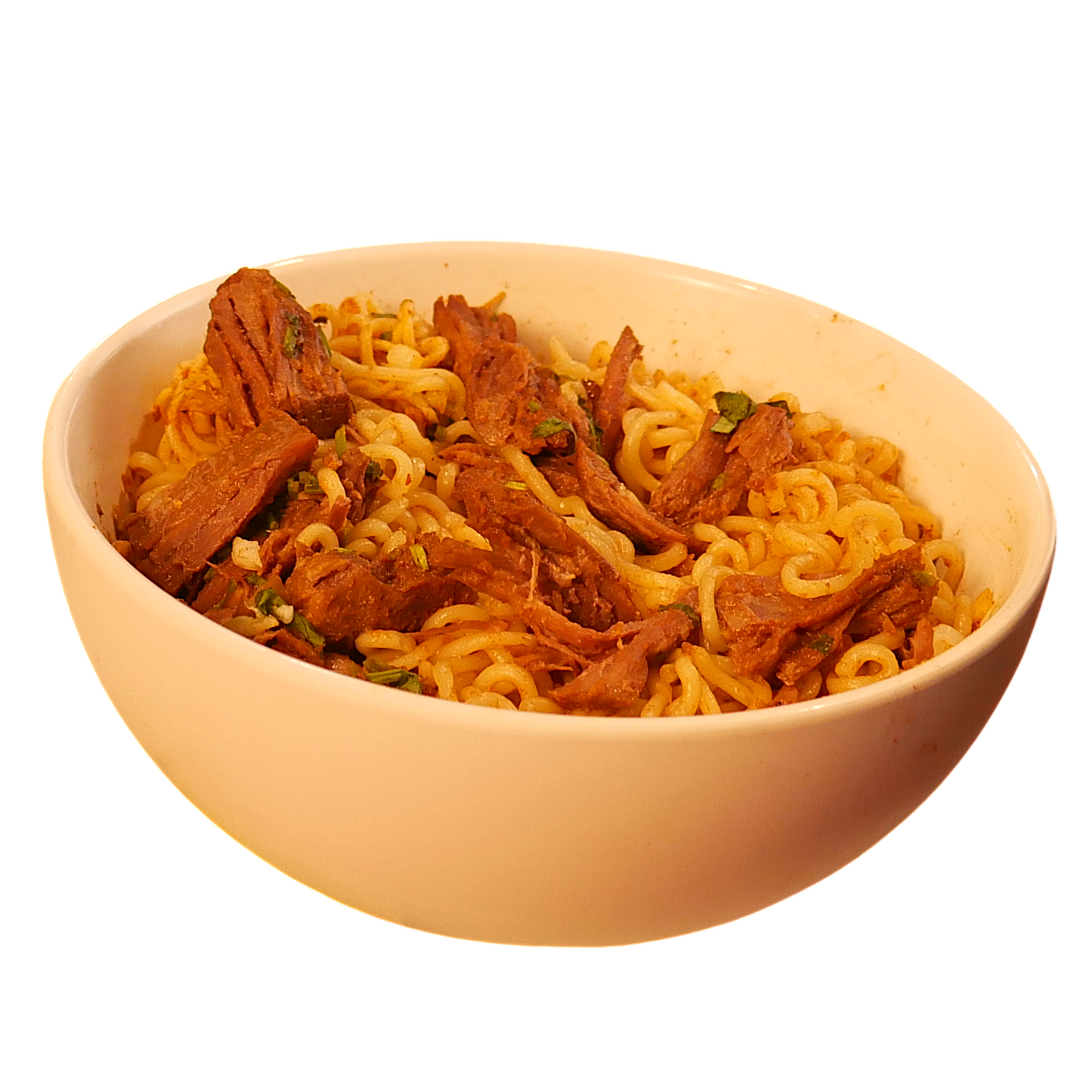A white bowl filled with noodles and meat on a white background