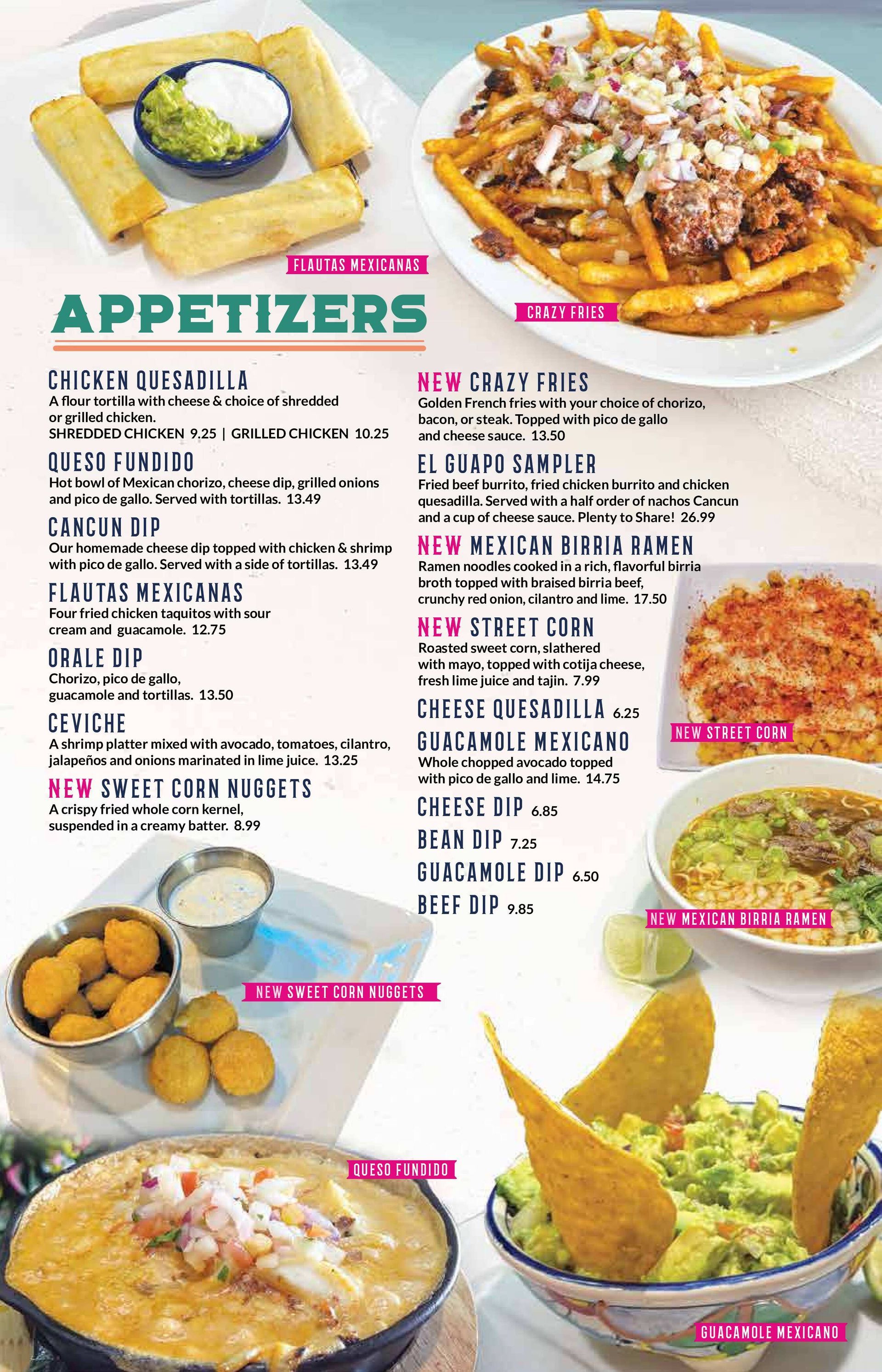 A menu for a restaurant shows a variety of appetizers.