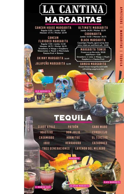 A menu for a restaurant called la cantina margaritas and tequila.