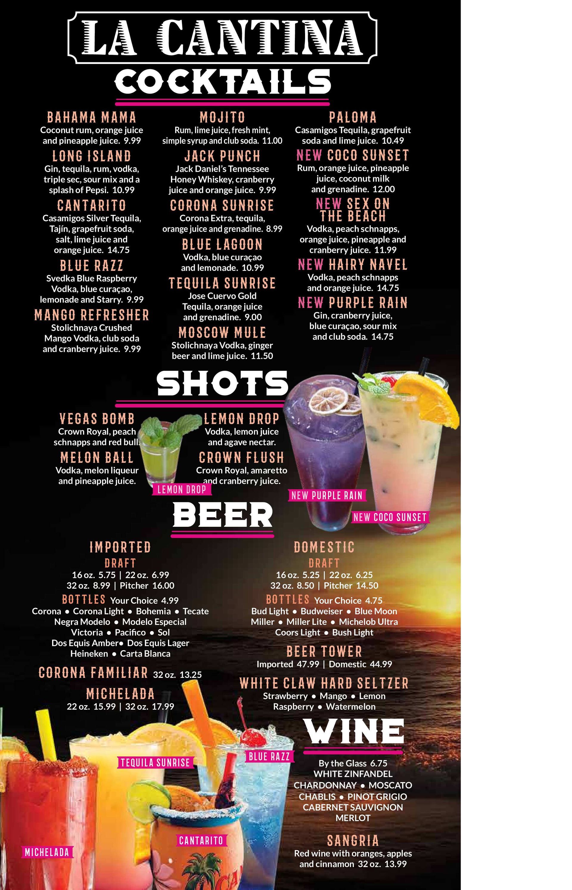 A menu for a restaurant called la cantina cocktails