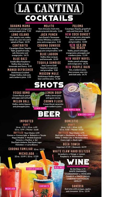 A menu for a restaurant called la cantina cocktails