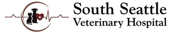 Logo for South Seattle Veterinary Hospital with dog and cat icons, heartbeat, and name.