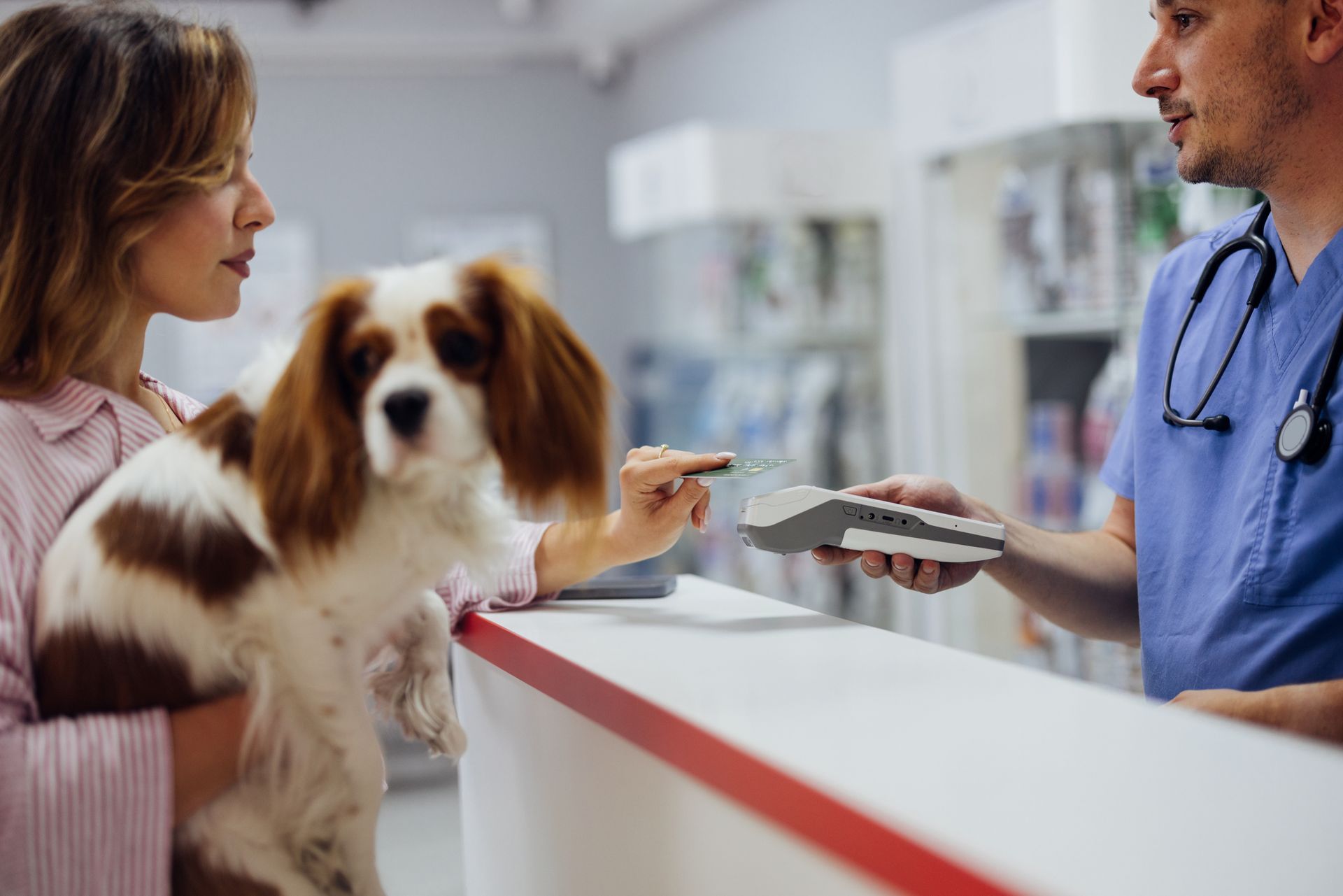 Woman holding her dog and paying with a credit card at a 24-hour animal hospital.