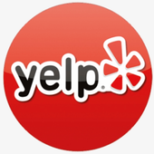 a yelp logo in a red circle on a white background