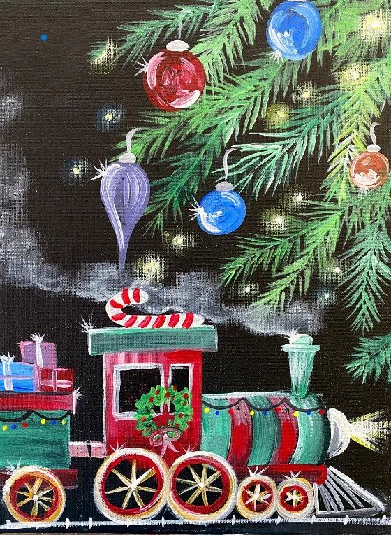 A painting of a train with gifts under a christmas tree.