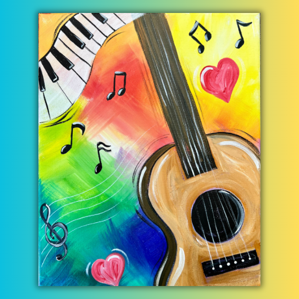 A painting of a guitar surrounded by music notes and hearts