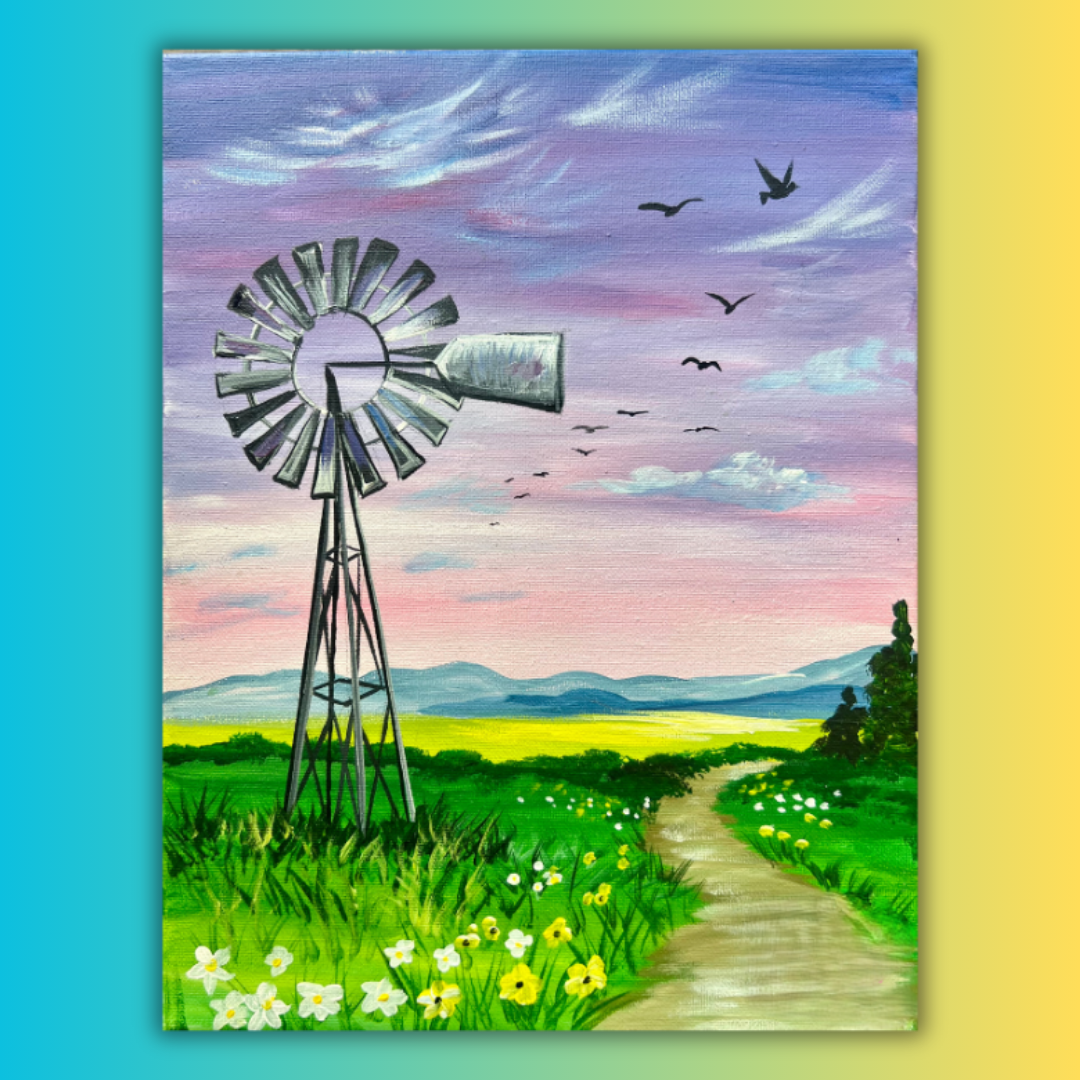 A painting of a windmill in the middle of a field