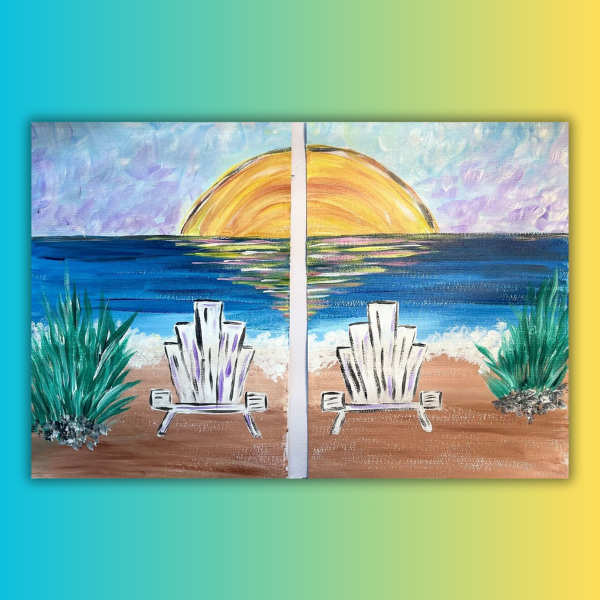 A painting of two chairs on a beach with a sunset in the background.