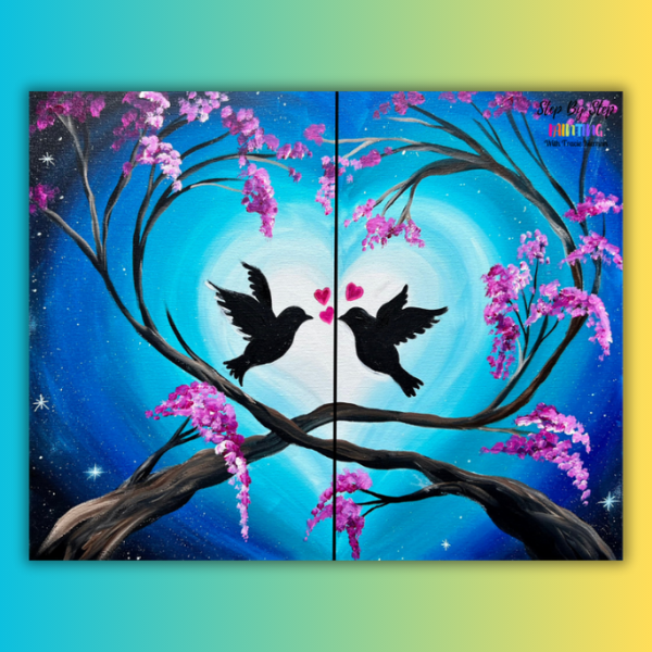 A painting of two birds kissing on a tree branch