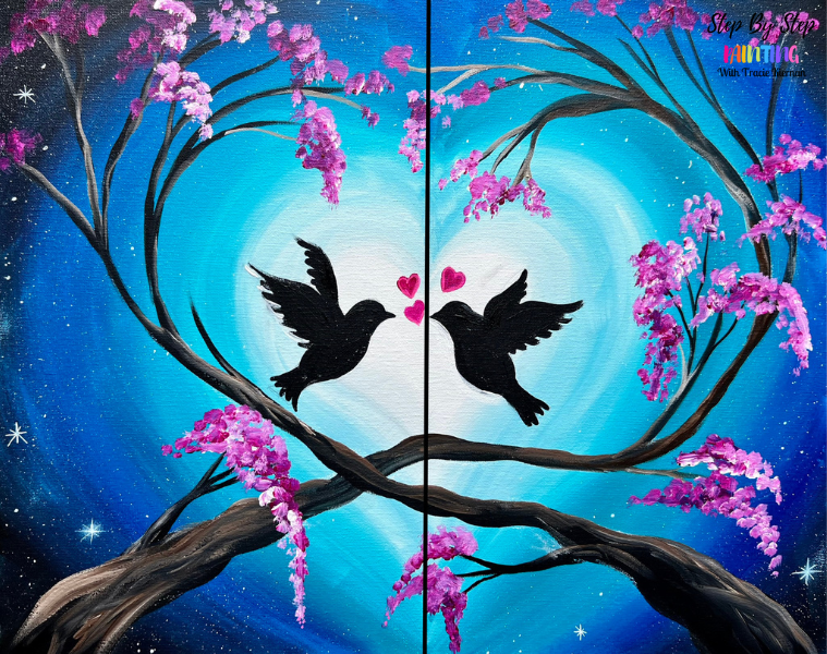 A painting of two birds kissing on a tree branch