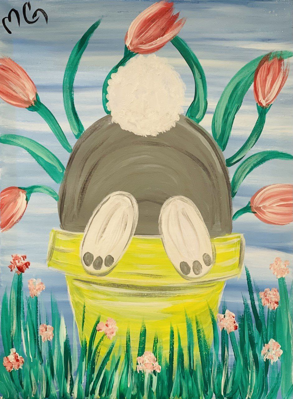 A painting of a bunny in a pot of flowers