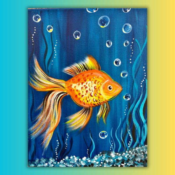 A painting of a goldfish in the ocean with bubbles