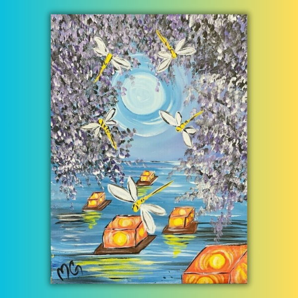 A painting of flowers and lanterns in the water
