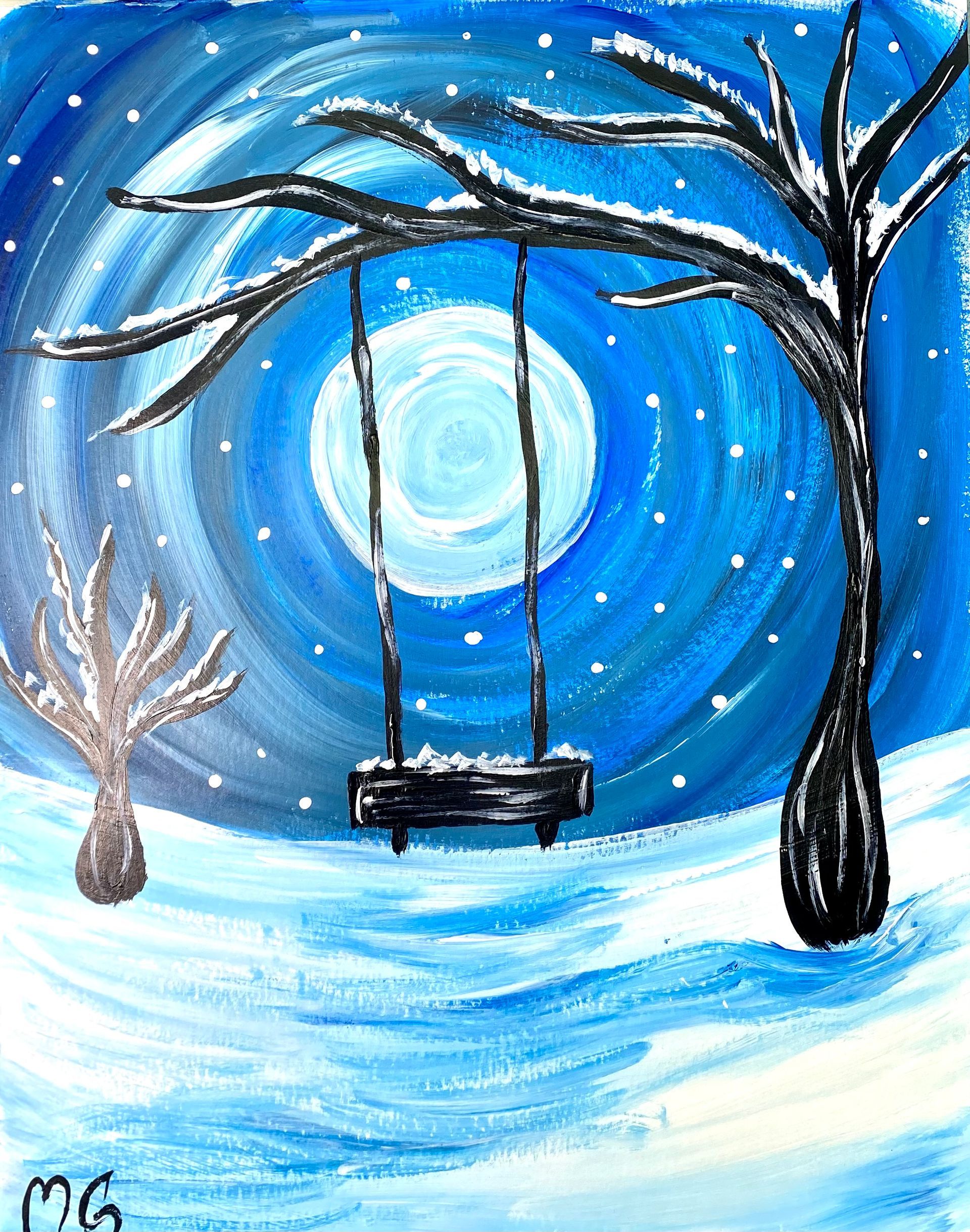 A painting of a swing under a tree with a full moon in the background