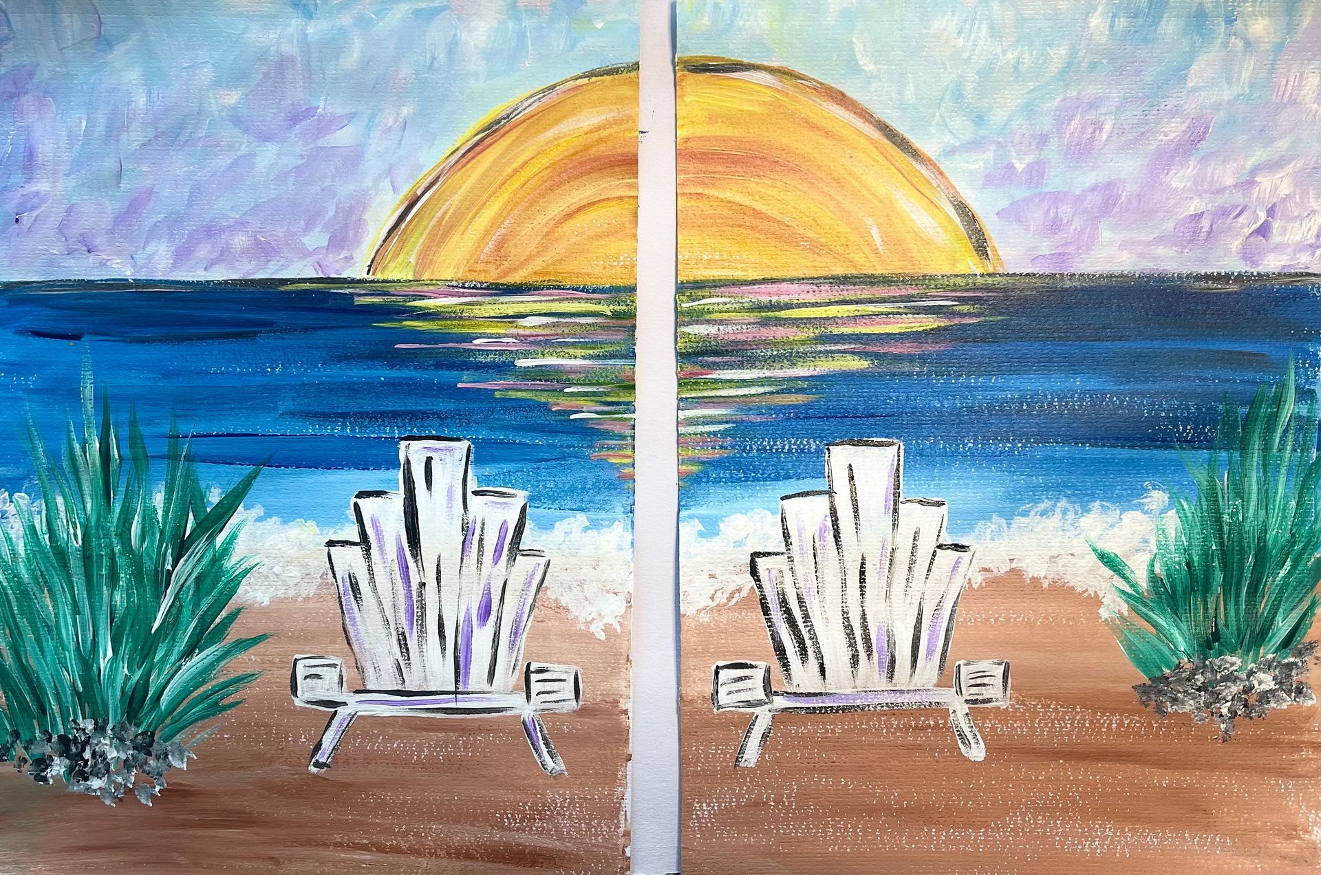 A painting of two chairs on a beach with a sunset in the background.
