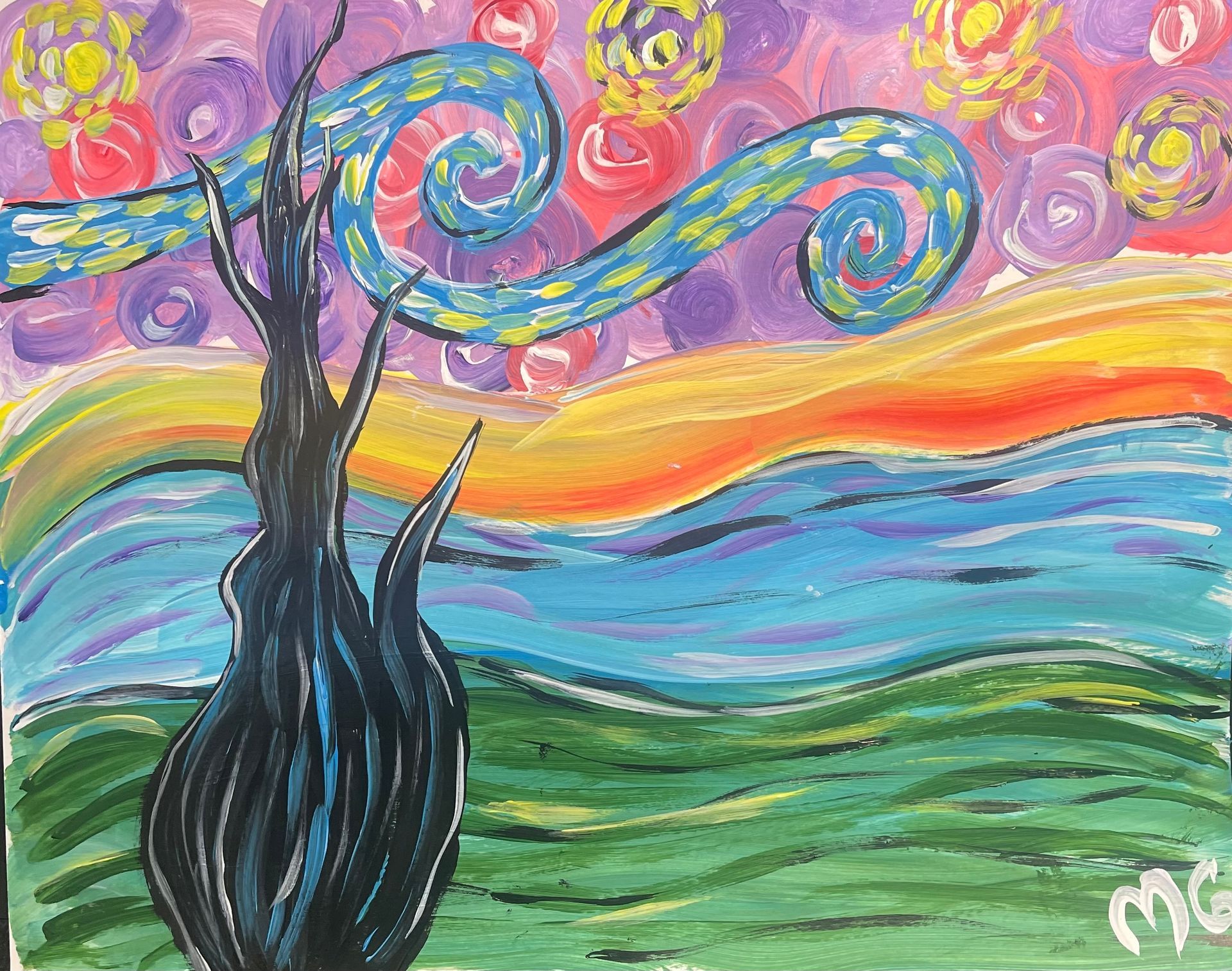 A painting of a starry night with a tree in the foreground