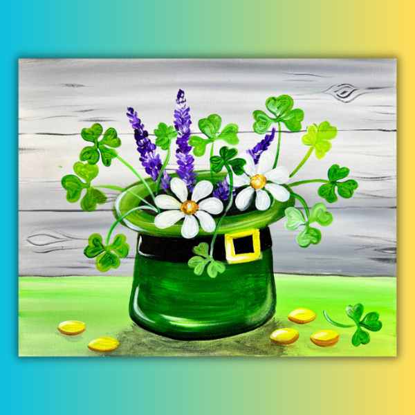 A painting of a leprechaun hat filled with flowers and clovers