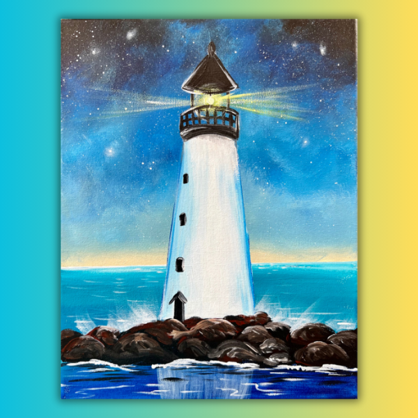 A painting of a lighthouse in the middle of the ocean