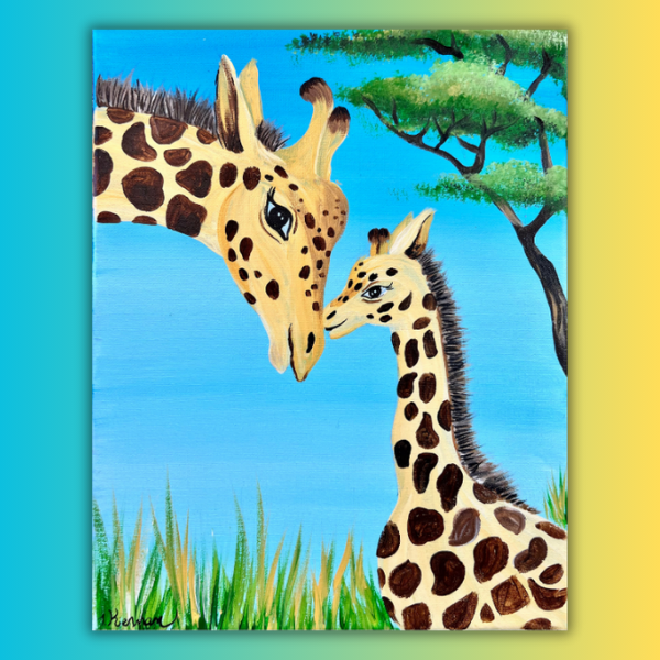 A painting of two giraffes looking at each other