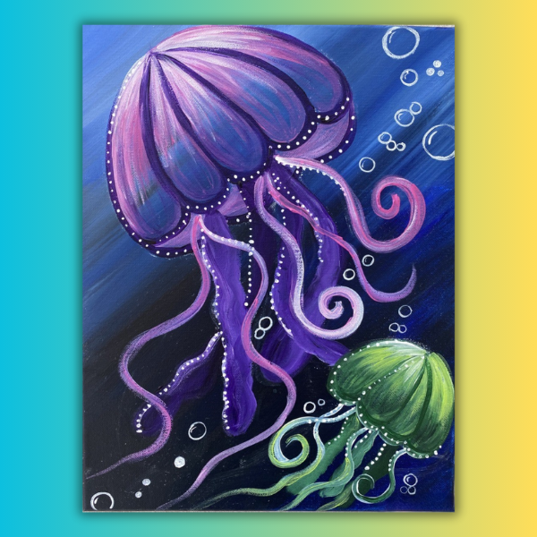 A painting of purple and green jellyfish on a blue and yellow background