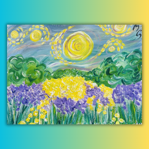 A painting of a field of yellow and purple flowers with the sun in the background.