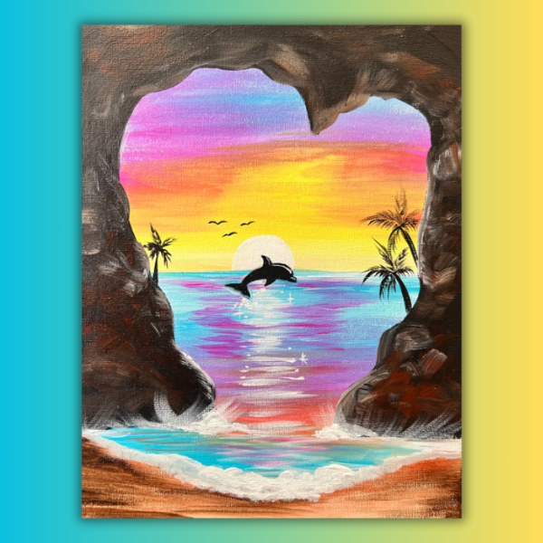 A painting of a dolphin jumping out of a cave into the ocean
