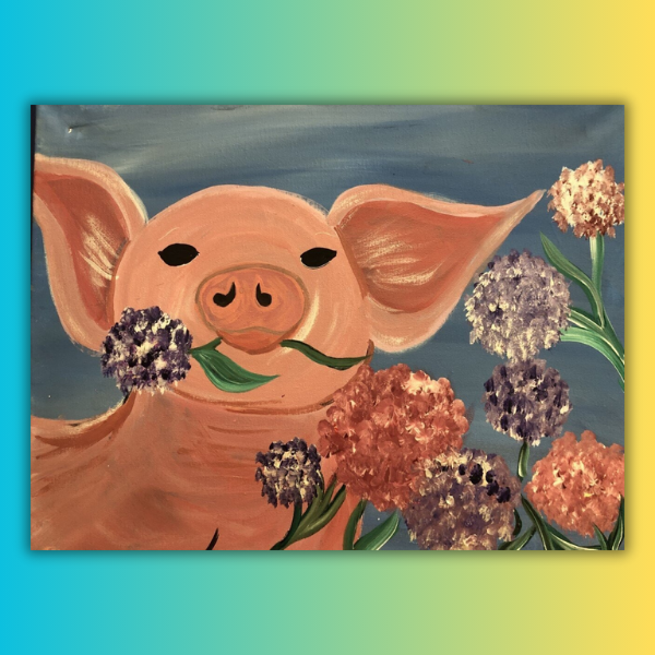 A painting of a pig with flowers in its mouth