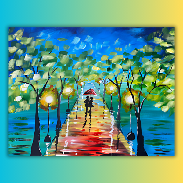 A painting of a couple walking on a pier with an umbrella.