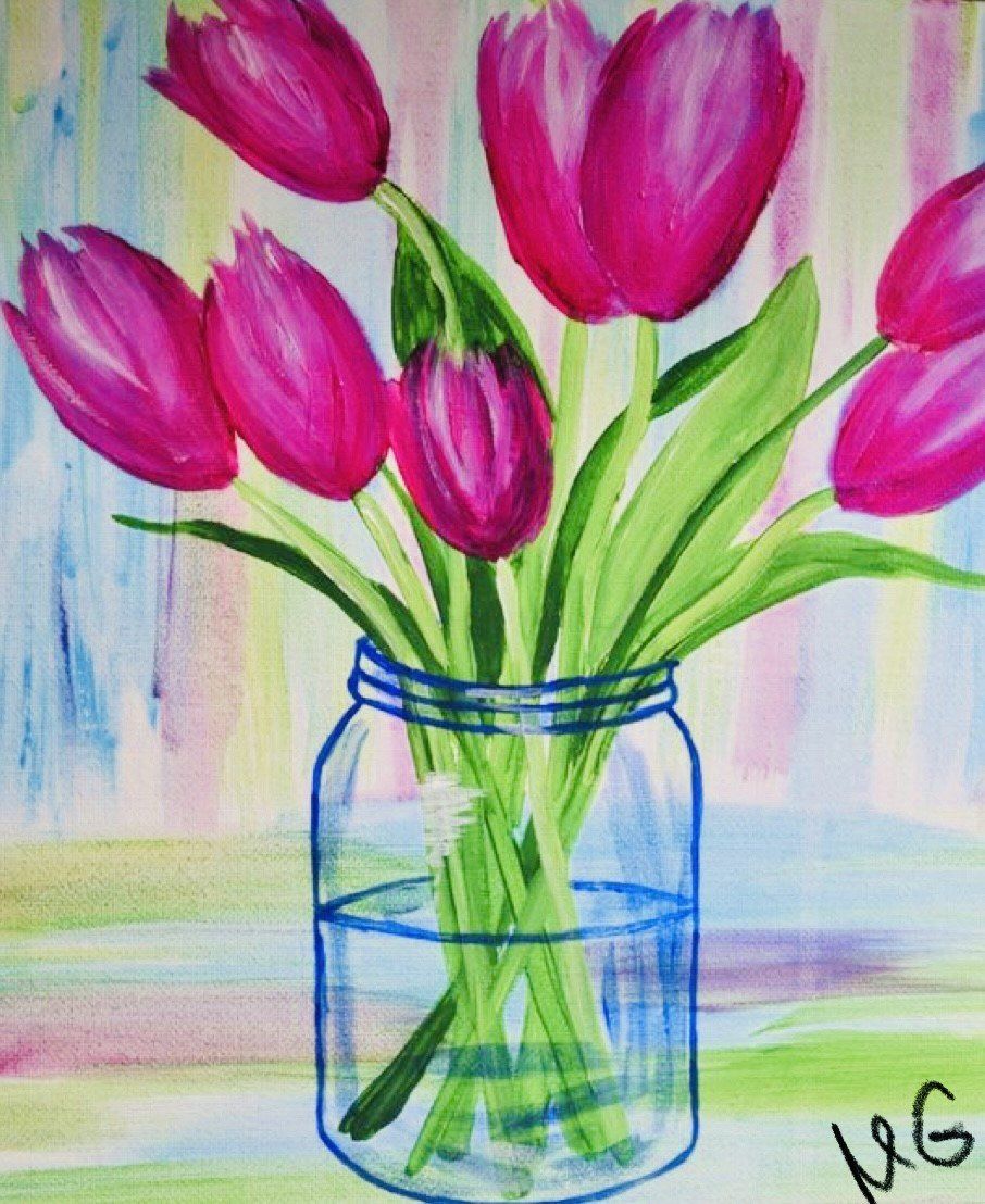 painting of tulips on a vase